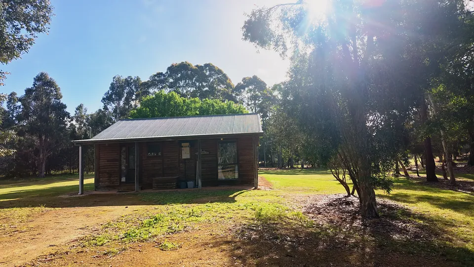 Cabin under trees sunflare
