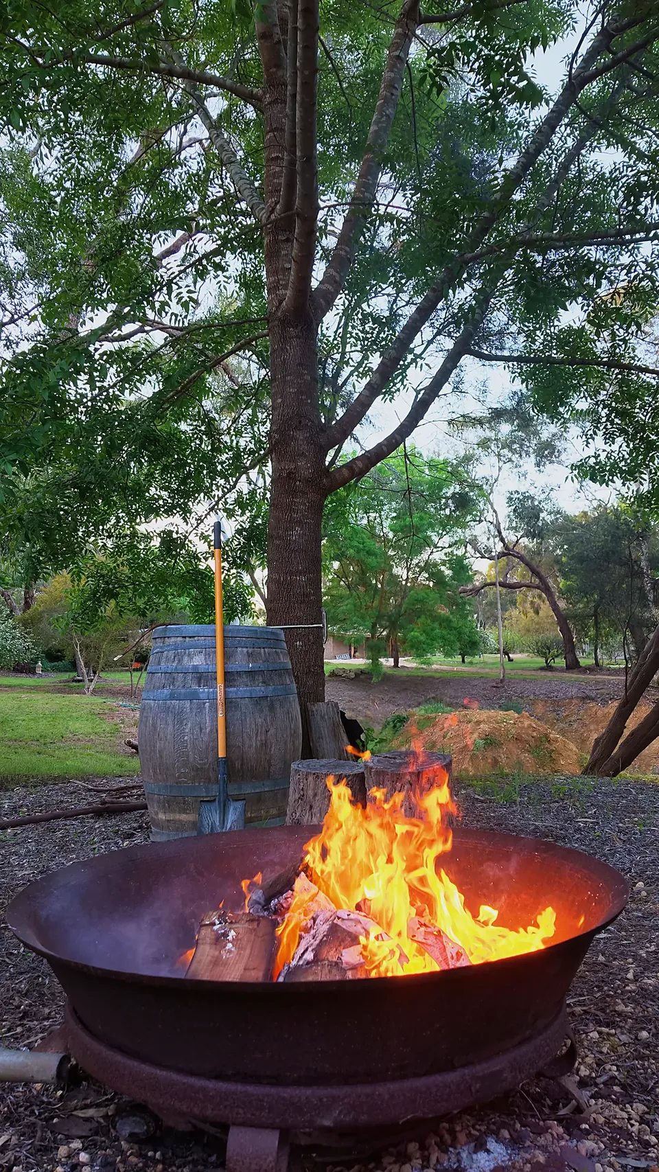 Fire pit with flames at dusk