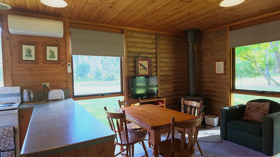 Log cabin living and dining area